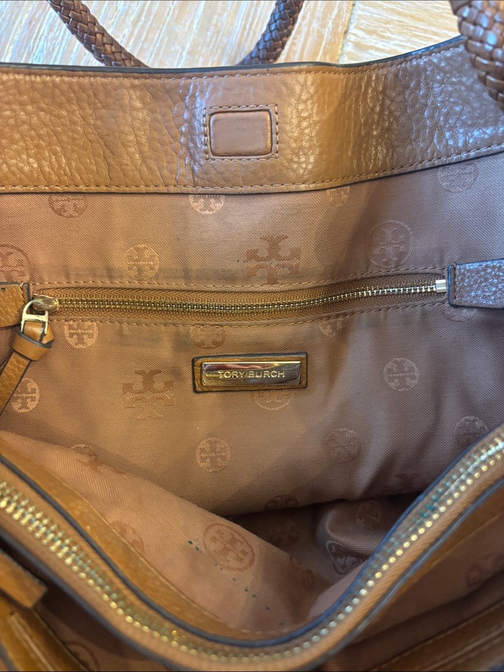 Tory Burch Cognac Braided-Handle Leather Shoulder Bag with Tassel - Picture 6 of 13